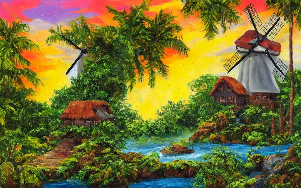 Image similar to an island with a cozy cottage, tropical forest, river, waterfall, windmill, garden courtyard, sunset, puffy clouds, oil impasto painting