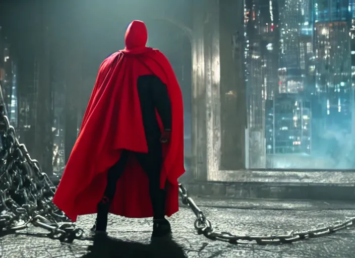 Image similar to film still of michael b jordan as spawn in the new spawn movie, giant chains, large cape, 8 k