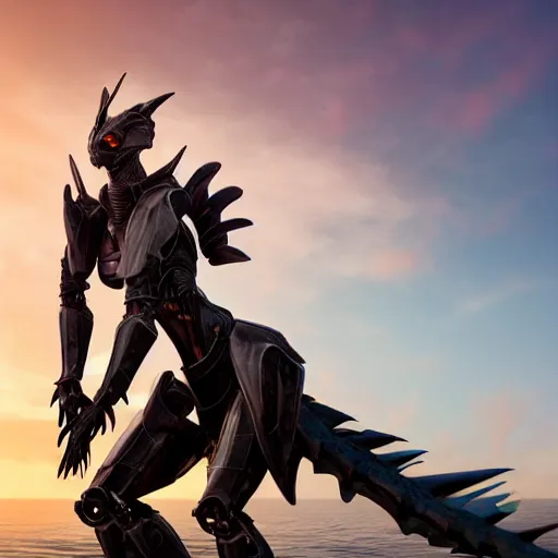 Image similar to cinematic body shot, realistic detailed stunning beautiful armored anthropomorphic female robot dragon, looking to the side with an elegant pose of hand on hip, smooth and streamlined armor and design made of steel, sharp claws and sharp teeth, high quality head, Slick LEDs, on the beach during sunset, high quality, cinematic art, sci fi, sunset lighting, 3D render, 8k, artstation, deviantart, furaffinity