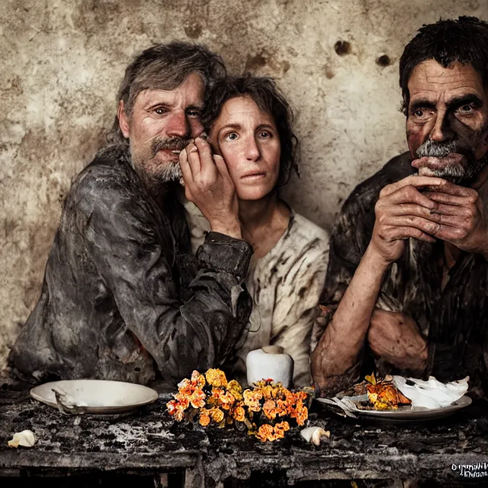 Image similar to closeup portrait of a couple eating flowers at a dining table, in a burnt charred house, by Annie Leibovitz and Steve McCurry, natural light, detailed face, CANON Eos C300, ƒ1.8, 35mm, 8K, medium-format print