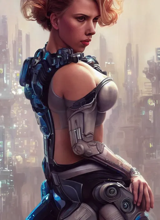 Image similar to full length photo of scarlett johansson the cover of sports illustrated 1 9 6 5, cyberpunk, science fiction, intricate, elegant, highly detailed, digital painting, artstation, concept art, matte, sharp focus, illustration, hearthstone, art by artgerm and greg rutkowski and alphonse mucha