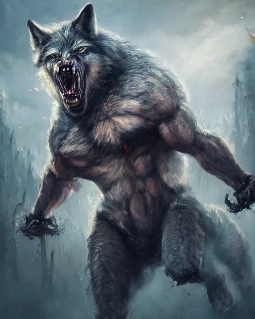 Image similar to oil painting of Angry Anthropomorphized Wolf Berserker, wearing clothes, claws, sharp focus, attack pose, fantasy style, octane render, volumetric lighting, 8k high definition, by greg rutkowski, highly detailed, trending on art Station, magic the gathering artwork, burning Battlefield background, centered