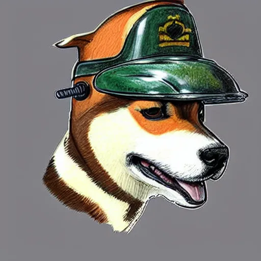 Image similar to A drawing of a Shiba Inu dog wearing a soldier's helmet, color