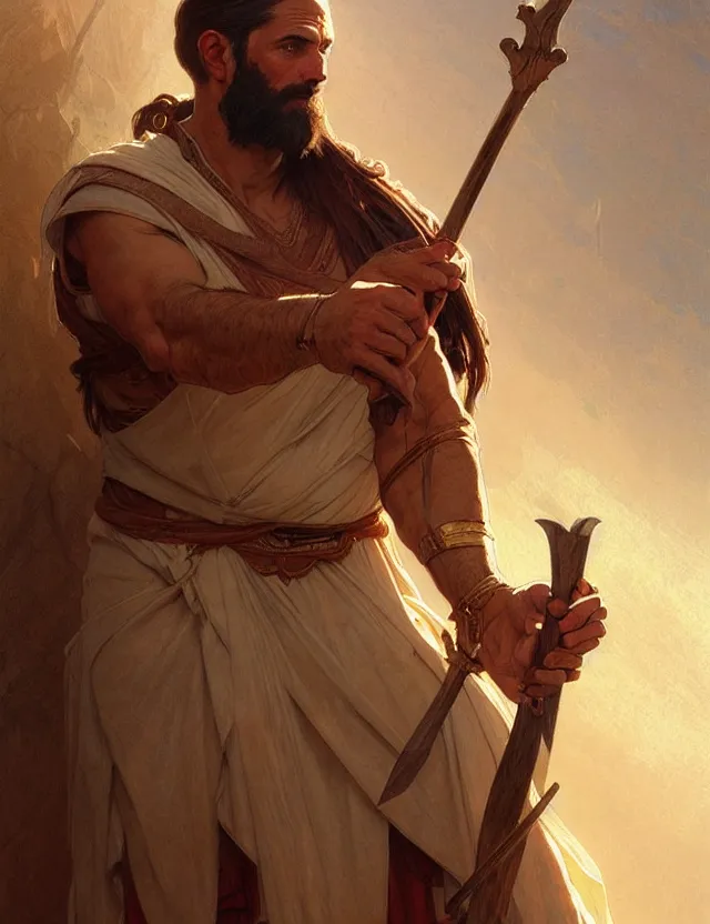 Image similar to portrait of biblical cain holding a spear, intricate, headshot, highly detailed, digital painting, artstation, concept art, sharp focus, cinematic lighting, illustration, art by artgerm and greg rutkowski, alphonse mucha, cgsociety