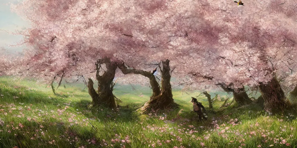 Image similar to tornado of blooming cherry blossoms petals sweeping through farmland, dim volumetric lighting, 8 k octane beautifully detailed render, post - processing, extremely hyper - detailed, intricate, epic composition, cinematic lighting, masterpiece, trending on artstation, detailed detailed detailed, stunning art by anders zorn, wonderful masterpiece by greg rutkowski, beautiful cinematic light