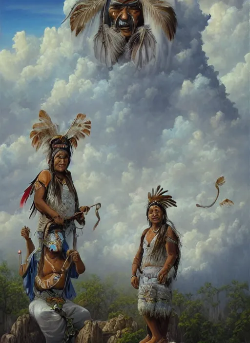 Image similar to faces of indigenous amazonian grandfathers and grandmothers spirits in the clouds, smiling, protection, benevolence, ancestors, detailed faces, hindouist art, religious painting, art by christophe vacher