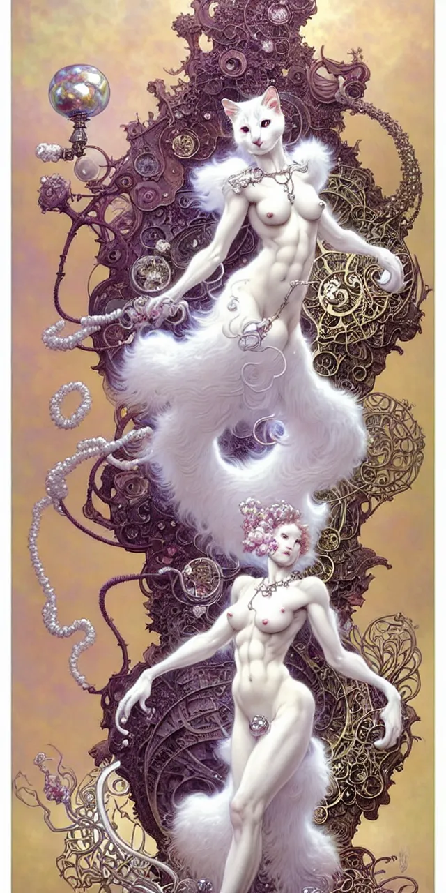 Image similar to beautiful white fluffy cat art nouveau fantasy character portrait, ultra realistic, intricate details, the fifth element artifacts, highly detailed by peter mohrbacher, hajime sorayama, wayne barlowe, boris vallejo, aaron horkey, gaston bussiere, craig mullins alphonse mucha, art nouveau curves swirls and spirals, flowers pearls beads crystals jewelry goldchains scattered