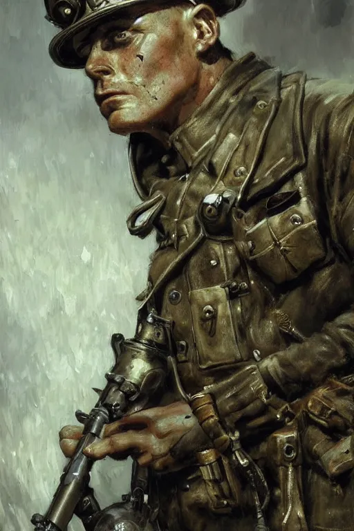 Prompt: a world war 2 steampunk soldier, upper body, highly detailed, intricate, sharp details, dystopian mood, sci-fi character portrait by gaston bussiere, craig mullins