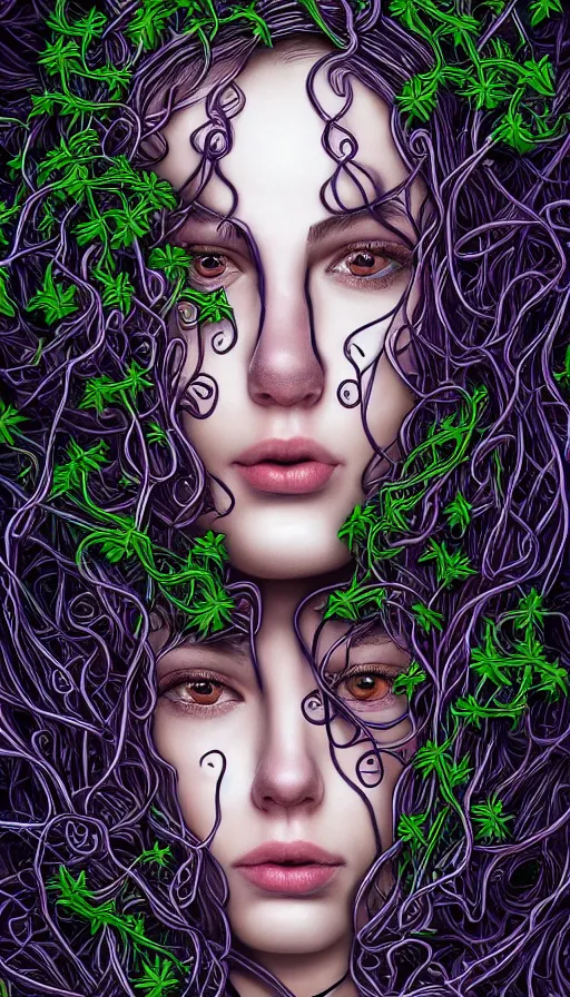 Image similar to very detailed portrait of a 2 0 years old girl surrounded by tentacles, the youg woman visage is blooming from fractal and vines, by steve argyle