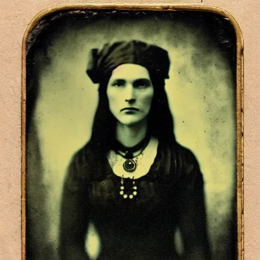 Image similar to daugerreotype of cthulhu high priestess. ambrotype of occult priestess. tintype of a beautiful woman