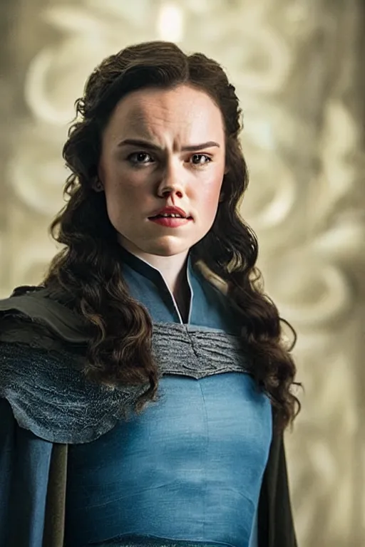 Prompt: a portrait of beautiful daisy ridley as rowena ravenclaw, long hair, night, dark cinematic lighting
