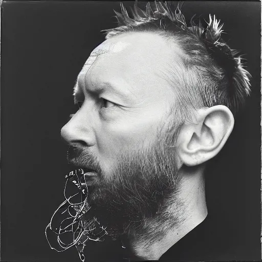 Prompt: Singing Thom Yorke, with a beard and a black jacket, a portrait by John E. Berninger, dribble, neo-expressionism, uhd image, studio portrait, 1990s