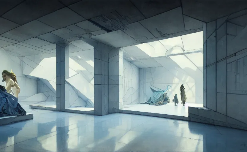 Image similar to painting of interior shot of a white concerete brutalist contemporary art museum by darek zabrocki and greg ruthkowski, alphonse mucha, cinematic and blue cold atmospheric, archillect concept art, artstation, trending on artstation