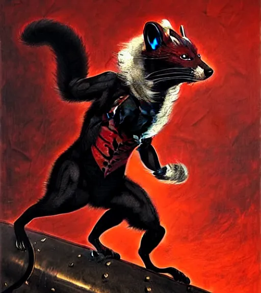 Prompt: a dashing weasel bandit furry red - and - black fursona animal character { with tail }, leather armor, mid - action pose on a painted elaborate industrial background by peder balke, ue 5, dark industrial fantasy, this fursona has [ a tail! ]