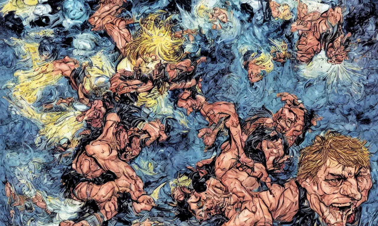 Prompt: neil gaiman beating heman in the dreaming, mike dringenberg