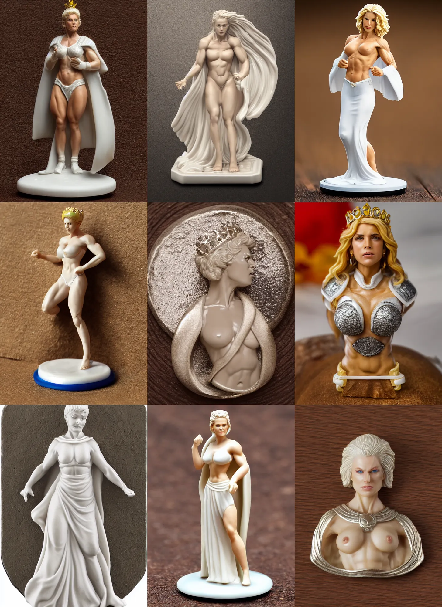 Prompt: 80mm resin detailed miniature of a Very Muscular Queen, long white cape, light skin, short blonde hair, on textured disc base, Company logo in upper left corner; Miniature product Photo, 4K, Full body