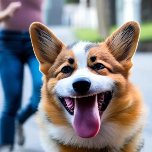 Image similar to people running away screaming scared for their life from a cute derpy corgi with the tongue out