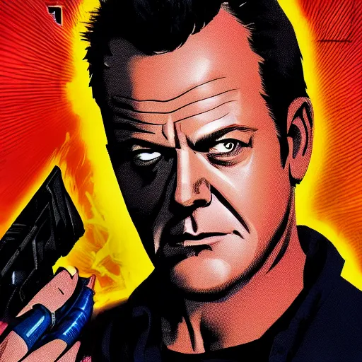 Prompt: Jack Bauer as a comic book hero fighting off evil, 4k, comic book cover