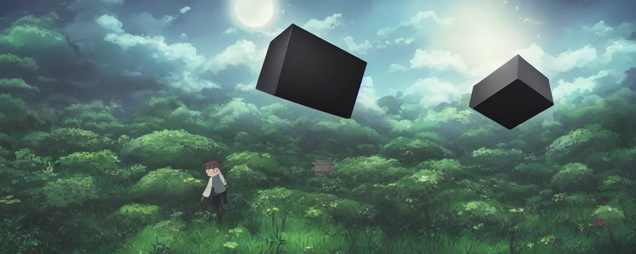 Image similar to one perfect hyper realistic black cube located at the right of a beautiful enchanted landscape in the style of Hayao Miyazaki.