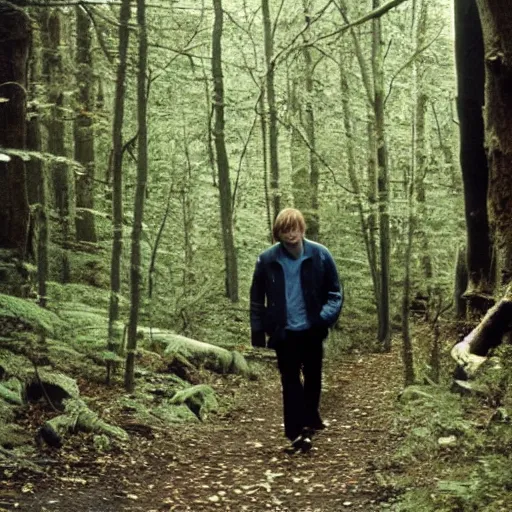 Prompt: mark e smith walking through the woods like sasquatch