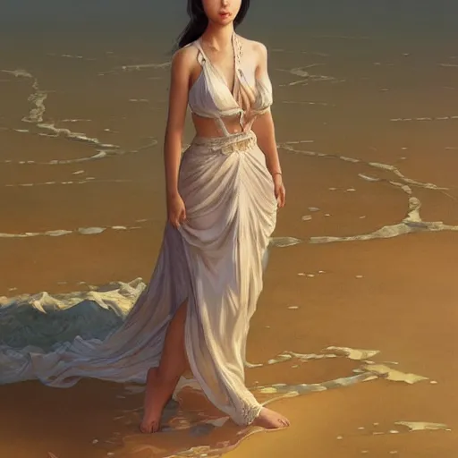 Image similar to ultra realistic illustration, wide angle shot, asian female model on a beach, intricate, elegant, highly detailed, digital painting, artstation, concept art, smooth, sharp focus, illustration, art by artgerm and greg rutkowski and alphonse mucha