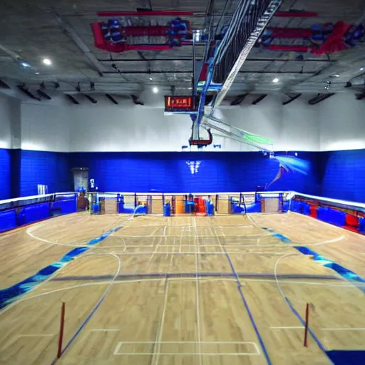 Image similar to a sportshall where 3 giant pipes come out of the floor with the opening towards us. each pipe has a different color. unreal engine