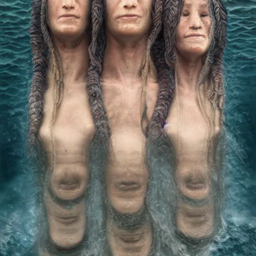 Image similar to a three headed sea hag, extremely detailed oil portrait, digital art, oil painting, unreal 5 render, digital art, octane render, beautiful composition, trending on artstation, award winning photograph, masterpiece