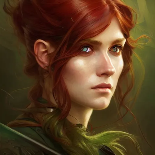 Image similar to Portrait of serious female ranger, D&D, green eyes, face, long red hair, fantasy, intricate, elegant, highly detailed, digital painting, artstation, concept art, smooth, sharp focus, illustration, art by artgerm and greg rutkowski and alphonse mucha