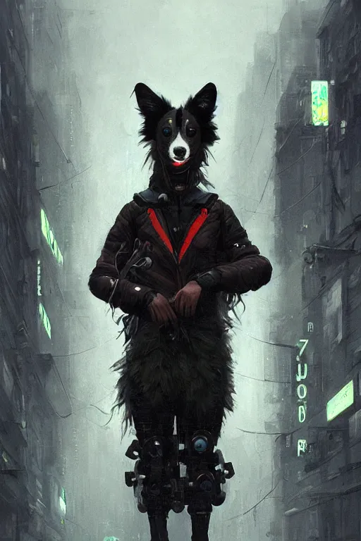 Prompt: new york city portrait of furry anthro anthropomorphic border collie head animal person fursona wearing clothes strange cybernetic augmentations cyber muzzle gloomy rainy cyberpunk digital art by Greg Rutkowski, Simon Stalenhag, trending on Artstation, CGSociety