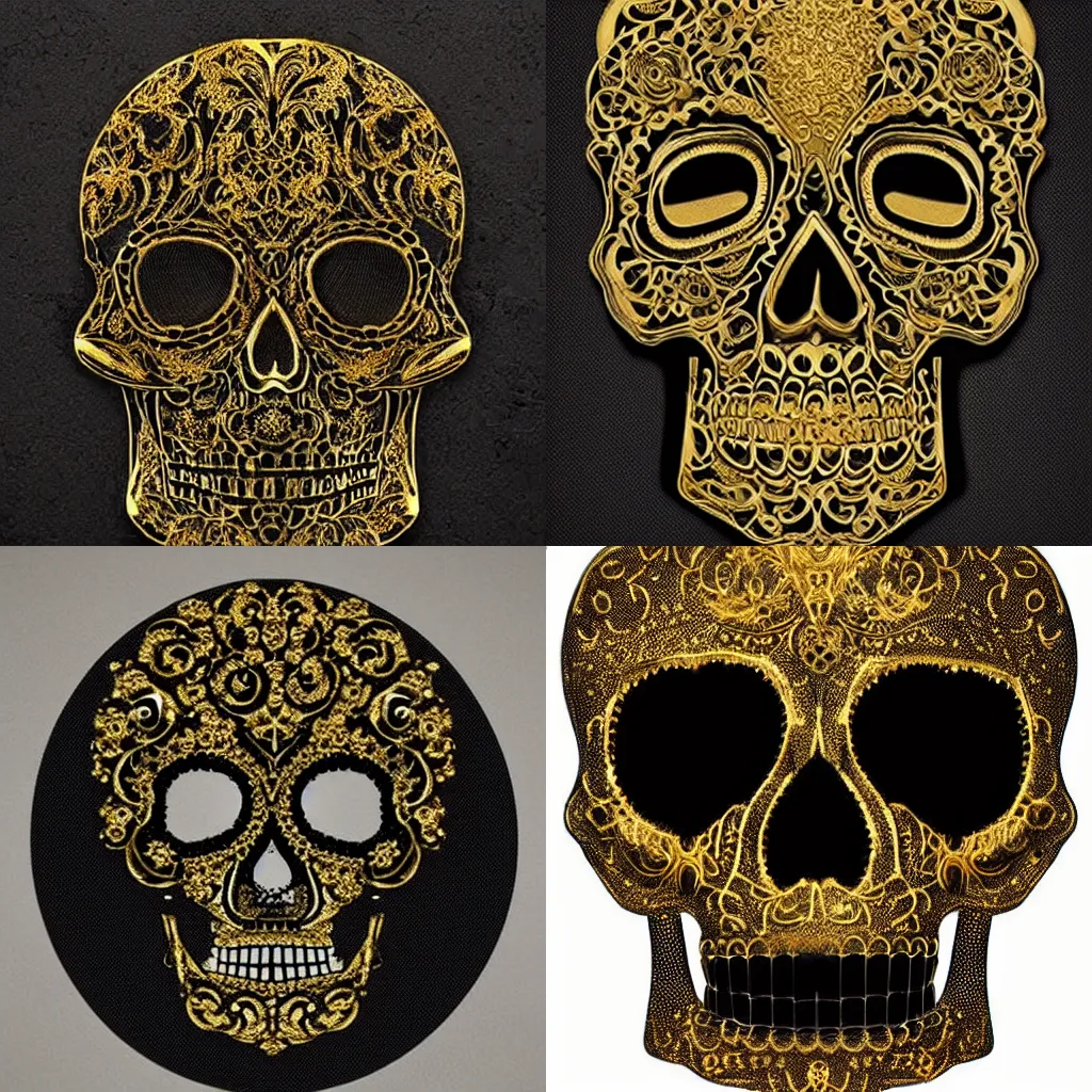 Prompt: /imagine prompt: Gold metallic skull surrounded by intricate gold lace metalwork on a black smokey background :: metallic::1 accent lighting::1 glowing::1 gold::1
