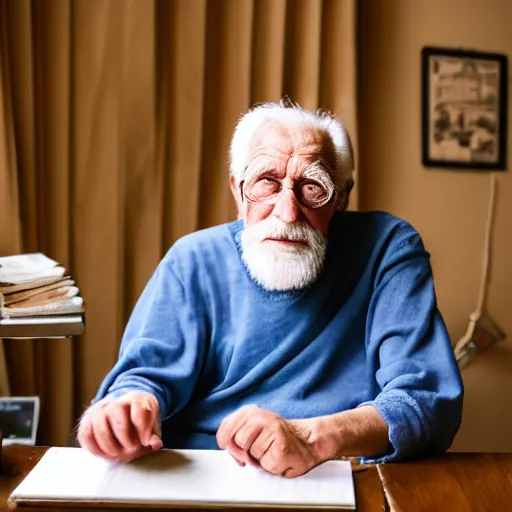 Image similar to Portrait of a very old grandpa sitting at a very old desk, with very old curtains in the room. The desk has a very old phone on it. Dusty air. Interview.