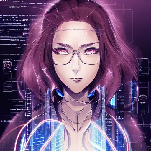 Prompt: Female mage, beautiful face, excited expression, brown flowing hair, symmetrical features, medical background, headshot, cyberpunk, luminescent, wires, cables, gadgets, Digital art, detailed, anime, artist Katsuhiro Otomo
