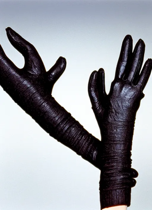 Prompt: realistic photo of a scientific model of an ugly rough complex gloves made of black clay, front view, neutral brown colors 1 9 9 0, life magazine reportage photo, metropolitan museum photo