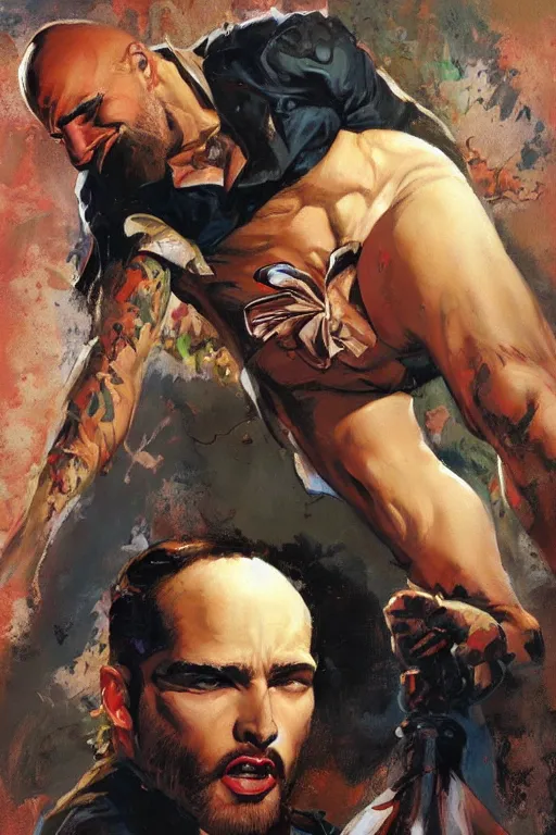 Image similar to beautiful gorgeous bald toreador guy with a short beard, painted by tom lovell, alex malveda, greg staples