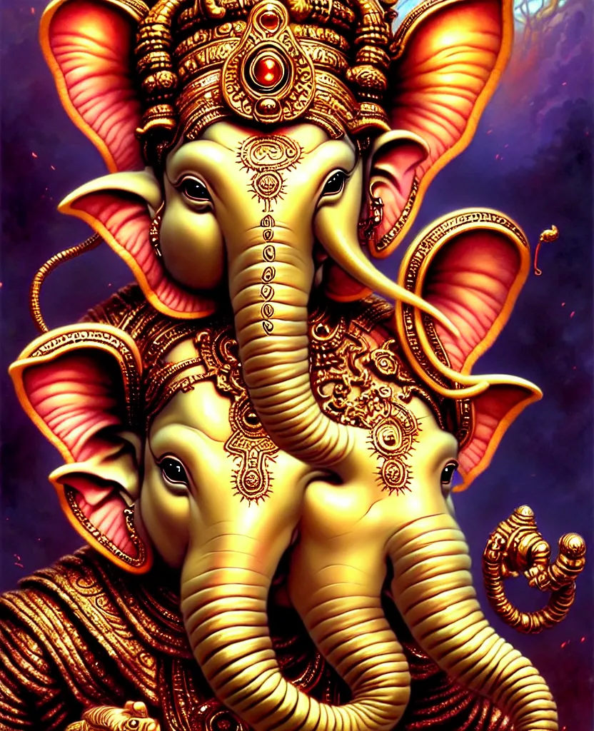 Prompt: beautiful ganesha fantasy character portrait, close - up, headshot, ultra realistic, intricate details, the fifth element artifacts, highly detailed by peter mohrbacher, hajime sorayama, wayne barlowe, boris vallejo, aaron horkey, gaston bussiere, craig mullins