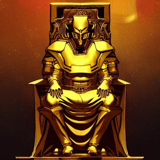 Image similar to a portrait o a god with a golden armor seated in a throne, moebius style