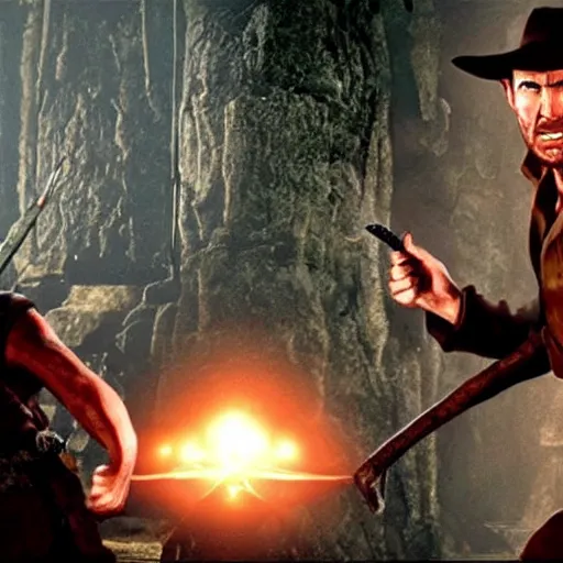 Image similar to a still of from the movie indiana jones and the temple of doom crossover with the game dark souls ii