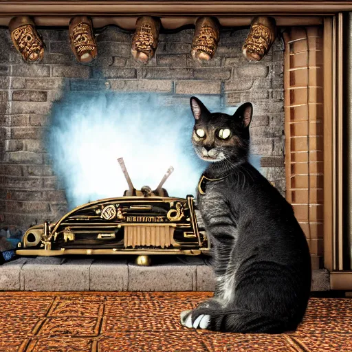 Prompt: steampunk cat sits in a chair in front of a fireplace in a book lined room and smokes a pipe, high realistic, high detailed, octane render