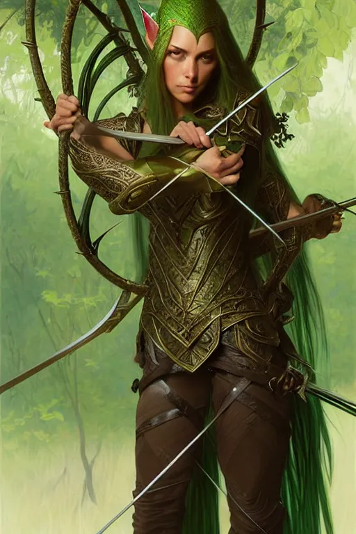 Image similar to male elven Archer armor made of green leaves, fantasy, amber eyes, face, long hair, intricate, elegant, highly detailed, digital painting, artstation, concept art, smooth, sharp focus, illustration, art by artgerm and greg rutkowski and alphonse mucha