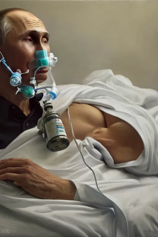 Image similar to a super very hyperrealistic oil painting of ill Vladimir Putin as a patient wearing an oxygen mask on a death bed inhaling from Copium tank that stand near his bed, visible face, fantasy, intricate, elegant, highly detailed, digital painting, artstation, concept art, smooth, sharp focus, illustration and alphonse mucha