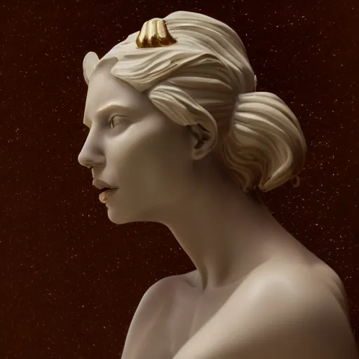 Prompt: portrait statue of evil gorgeous woman, made of white marble with gold, on the dark background, red splatters, hyper realistic, hyper detailed, by johannen voss and michelangelo, octane render, vivid colors