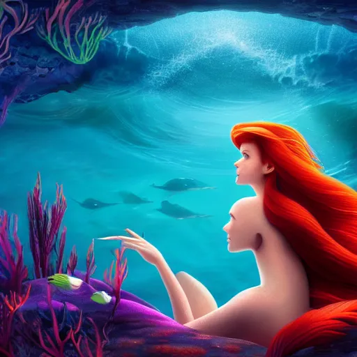 Prompt: the little mermaid swimming through a vast ocean, highly detailed face, photo realistic, full body, cinematic lighting, digital art, vivid colors, crown, 8 k