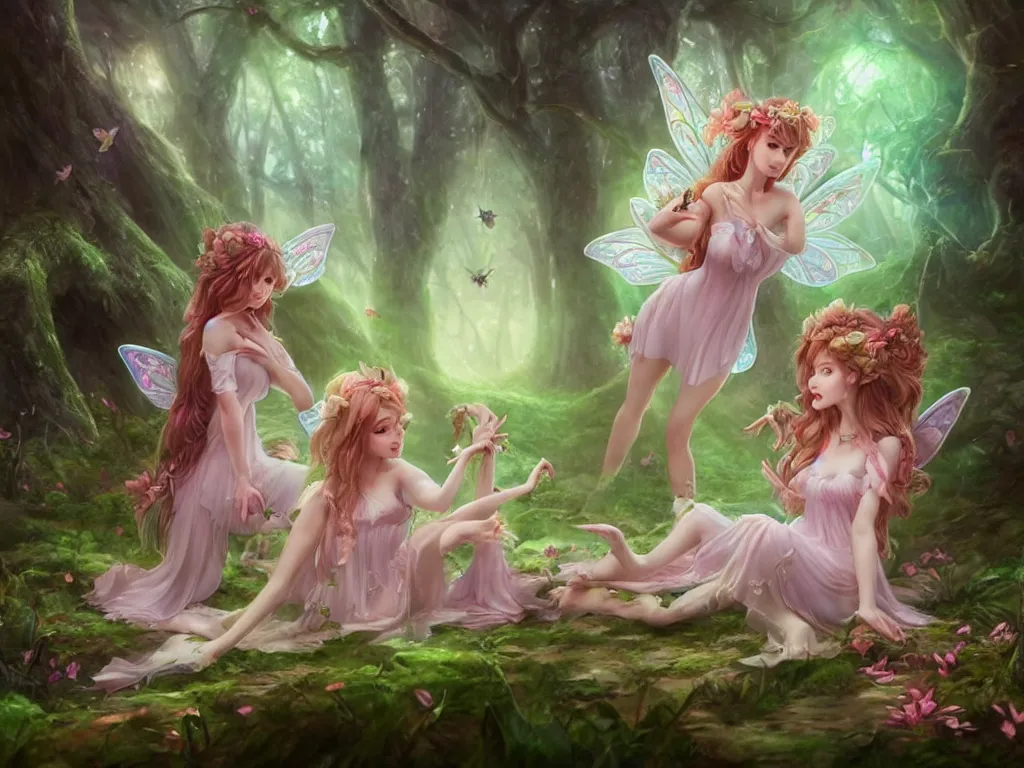 Image similar to two cute fairy in the dreamy forest, fantasy, dreamlike, 8 k resolution, hyper detailed, d & d, character design, digital painting, trending on artstation, sharp focus, illustration, art by artgerm, viktoria gavrilenko, hoang lap, fuji choko, steve zheng