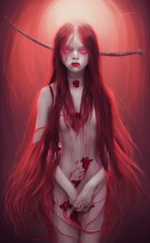 Image similar to ''beautiful girl with long hair, red eyes, japanese miko suit, creepy eyes, creepy art, concept art, artstation, digital painting, 4 k''