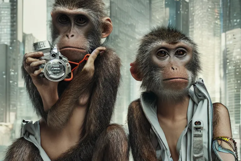 Image similar to Contamporary art fashion photography of ultra mega super hyper realistic detailed group of ultra mega super hyper realistic detailed monkey's in cyberpunk suits by Hiromasa Ogura . Photo shot from 30m distance on ultra mega super hyper Leica Q2 Camera, Rendered in VRAY and DaVinci Resolve and MAXWELL and LUMION 3D