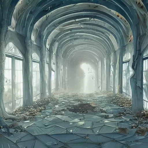 Image similar to a rotten fungus mushroom clump in a bright white hallway with many doors and stairs, Mc Escher architecture, epic composition, decay, by Makoto Shinkai