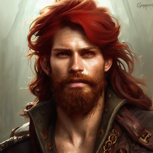 Image similar to portrait of a young ruggedly handsome pirate, male, masculine, upper body, red hair, long hair, d & d, fantasy, intricate, elegant, highly detailed, digital painting, artstation, concept art, matte, sharp focus, illustration, art by artgerm and greg rutkowski and alphonse mucha