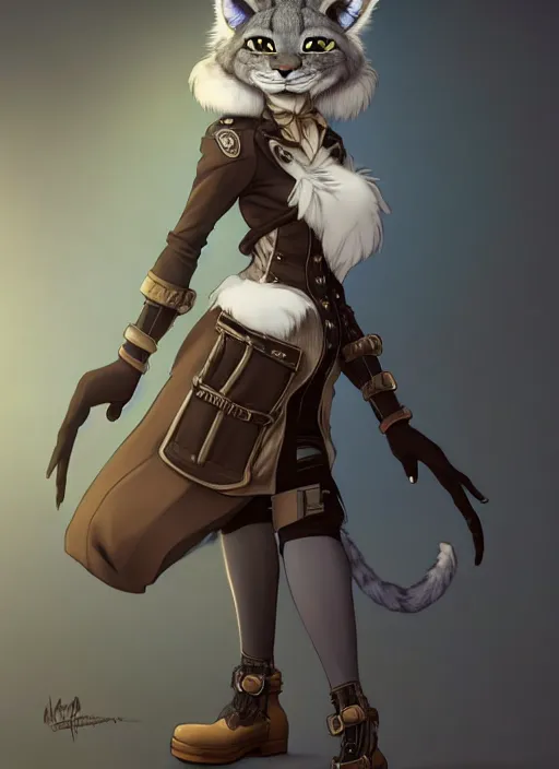 Image similar to wide angle beautiful full body portrait of a strong female anthropomorphic anthro lynx fursona wearing a steampunk dress. from behind, character design by disney, anime, manga, charlie bowater, ross tran, artgerm, and makoto shinkai, detailed, soft lighting, rendered in octane, white fur