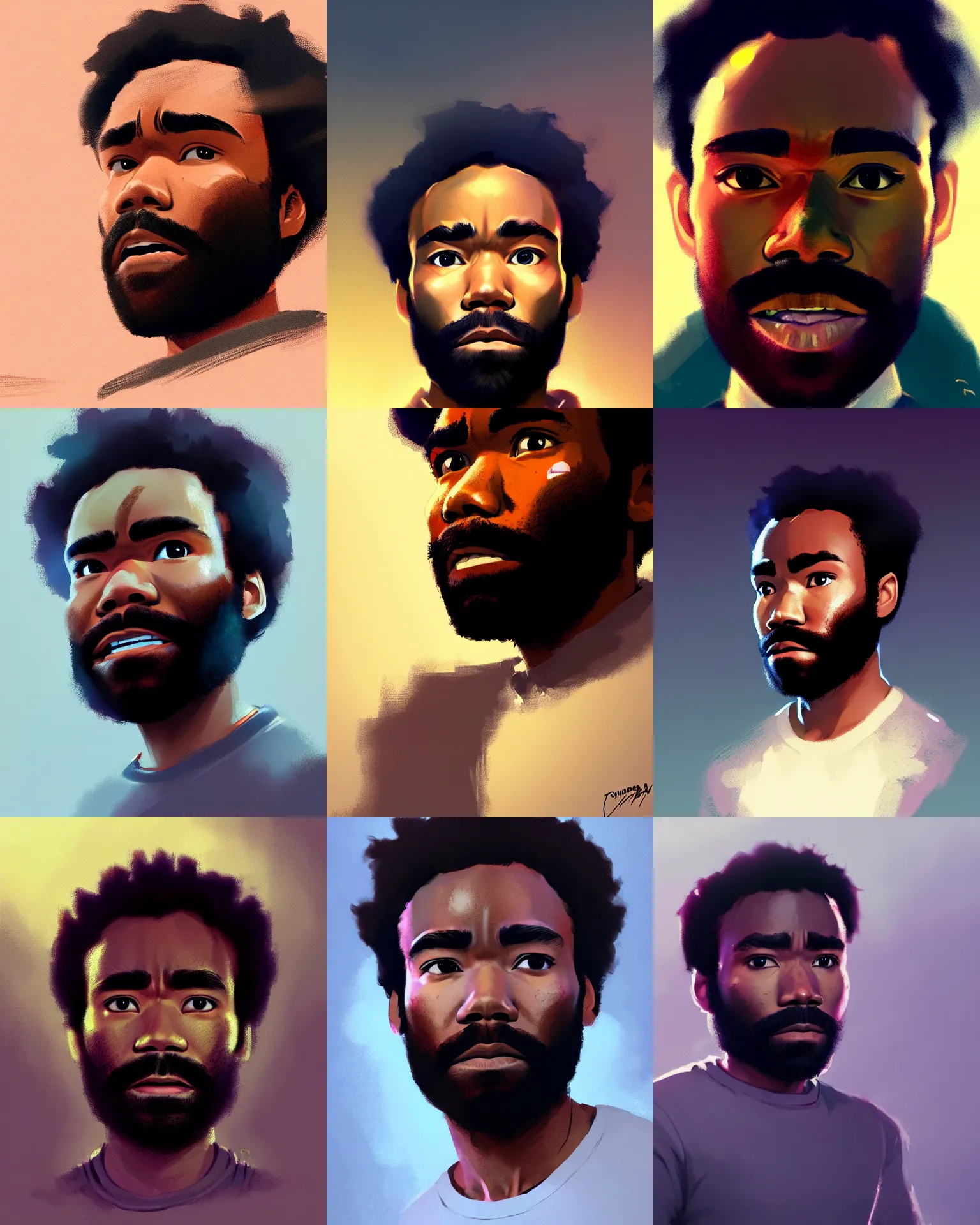 Prompt: Donald Glover, medium shot close up, details, sharp focus, illustration, by Jordan Grimmer and greg rutkowski, Trending artstation, pixiv, digital Art