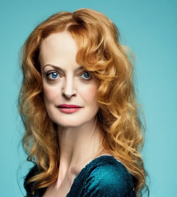 Image similar to beautiful portrait photo of Heather Graham, slight smile, photo by Annie Leibovitz, 85mm, teal studio backdrop, Getty images